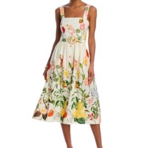 Cara Cara Candace Ivory Floral Midi Dress with Square Neck and Belted Waist